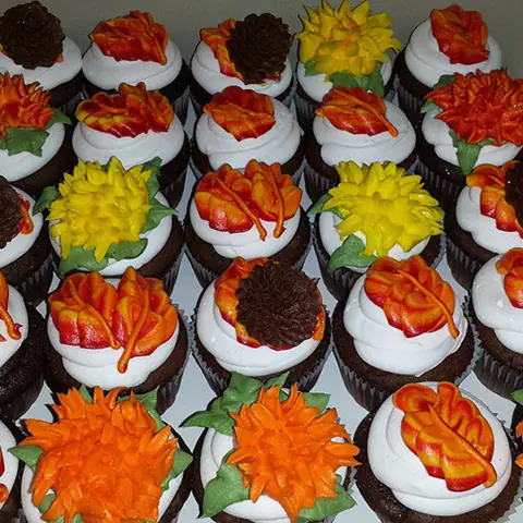 Fall flower cupcakes in orange and yellow
