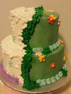 Green and white tiers with flowers